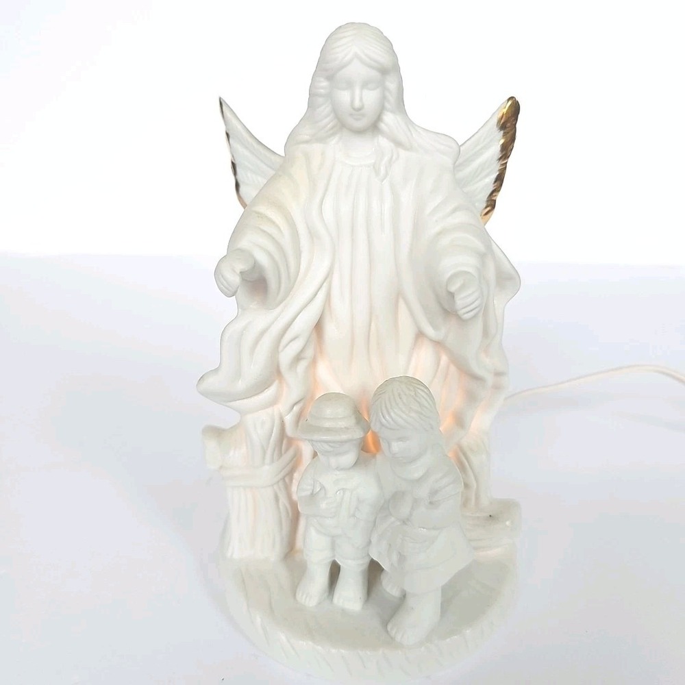 Vintage White Porcelain Guardian Angel Night Light Gold Gilt Figurine Religious